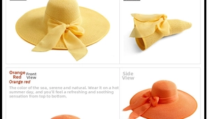Sombrero de sol plegable con ala ancha, vistas frontal y lateral en naranja y amarillo