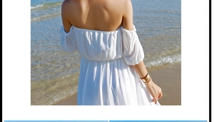 Elegante vestido de verano blanco con hombros descubiertos en playa paradisíaca