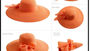 Sombrero de paja plegable naranja con ala ancha y lazo visto desde múltiples ángulos