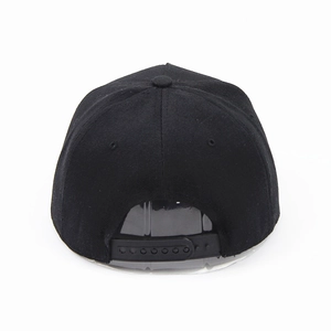 Classic black snapback baseball cap with adjustable strap and 6-panel structure back view