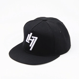Classic black snapback baseball cap with white 3D geometric embroidery on crown