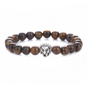 Men's 8mm tiger eye stone beaded bracelet featuring a silver lion head charm center