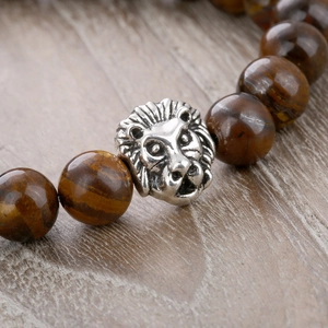 Tiger eye stone bracelet with silver lion head charm and 8mm round natural beads
