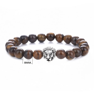 Handmade 8mm tiger eye stone beaded bracelet with silver lion head accent