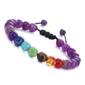 Adjustable seven stones chakra bracelet with lapis lazuli and tiger eye beads on black cord