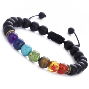 Adjustable 7 chakra beaded yoga bracelet with black matte stones and tiger eye