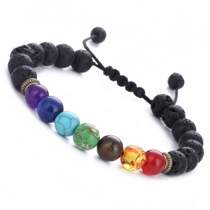 Handmade 7 chakras lava stone yoga bracelet with adjustable black braided cord