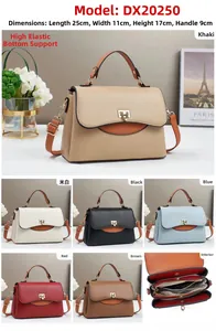 Detail view of leather handbag showing six colors, dimensions 25x11x17cm and internal compartments