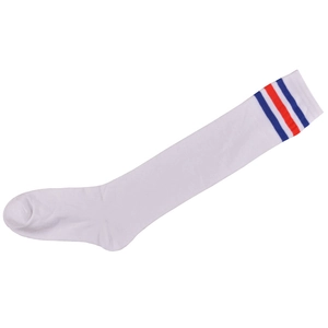 Close-up of white knee-high socks with red and blue stripes in retro athletic style