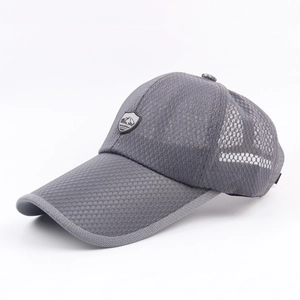 Dark grey mesh baseball cap with long brim and mountain shield logo for sun protection