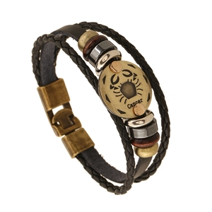 Handcrafted multilayer black leather Cancer zodiac bracelet with vintage metal beads