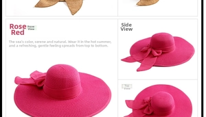 Tres vistas del sombrero de paja rosa con ala ancha y lazo decorativo para el sol