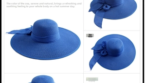 Detalle del sombrero de paja azul real con ala ancha y función de plegado fácil