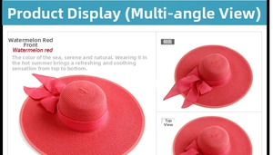 Sombrero de paja rojo sandía de ala ancha con lazo, visto desde varios ángulos