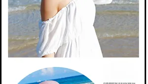 Detalle de vestido blanco con hombros descubiertos, mangas fruncidas y sombrero de paja rosa