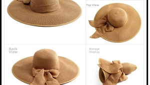 Detalles del sombrero de paja plegable de ala ancha que muestra la parte superior y el plegado