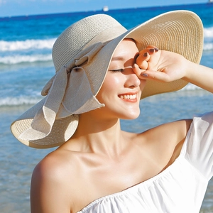 Women's Foldable Wide Brim Woven Straw Sun Hat With Bowknot For Beach Vacation Summer UV Protection Packable Travel Hat