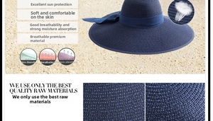 Detalle del tejido de paja azul oscuro transpirable y el lazo elegante en el sombrero