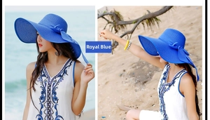 Detalle de un sombrero de sol azul real con ala ancha ondulada y elegante lazo de seda