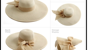 Sombrero de paja beige plegable con ala ancha y elegante lazo de gasa para la playa