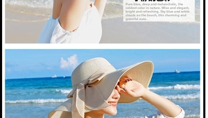 Detalle de sombrero de paja de ala ancha con lazo beige para protección solar en la playa