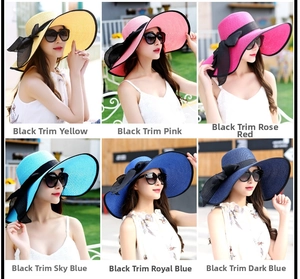Opciones de colores de sombreros de paja de ala ancha con borde negro y lazo elegante