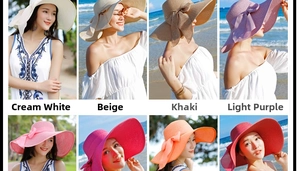 Detalle de sombreros de paja plegables para playa con lazos en ocho opciones de colores