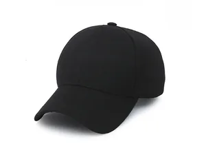 Side view detail of a classic black cotton twill baseball cap with curved brim and six panels