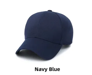 Detail of navy blue cotton baseball cap with six-panel stitching and top button