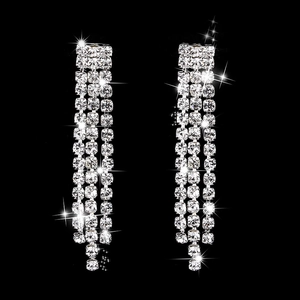 Sparkling silver fringe earrings with three rows of rhinestones for bridal jewelry sets