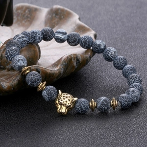 Men's 8mm black weathered agate bead bracelet with golden alloy leopard head accent
