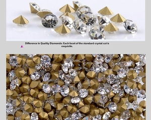 Macro shot of multi-faceted crystal rhinestones with premium gold bottom plating for hair accessories
