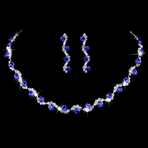 Silver bridal jewelry set featuring a necklace and blue crystal round stone earrings