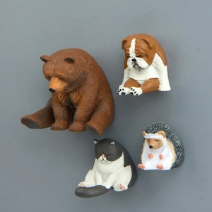 Set of 4 mini sleepy animal figurines featuring bear and cat for fridge magnet decor