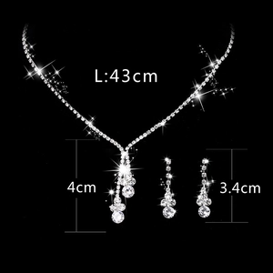 Sparkling silver crystal necklace and earrings bridal jewelry set with product dimensions