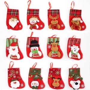 Christmas Stockings Mini Gift Bags Santa Snowman Reindeer Non-Woven Fabric Plaid Ornaments Fireplace Hanging Candy Pouch