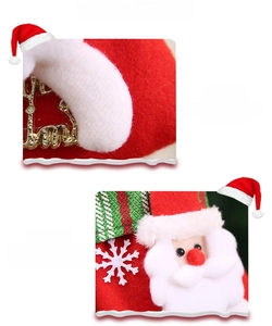 Detail of Christmas stocking featuring red felt, golden patterns, and 3D Santa applique
