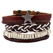 Detail of multilayer woven leather bracelet set with silver star charm and white beads