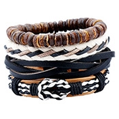 Detail view of multi-layered bohemian men's bracelet set with leather and wood beads