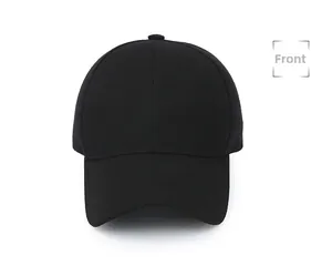 Front view of a classic black six-panel cotton baseball cap with a curved brim design