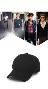 Close-up of a minimalist black cotton baseball cap with six-panel construction and curved brim