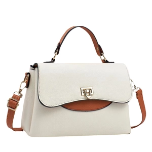 Fashionable beige and brown contrast leather crossbody handbag with golden rotary lock