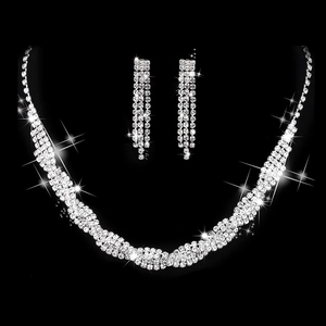 Elegant Rhinestone Jewelry Necklace And Earrings Silver Plated Copper Claw Chain Twisted Wave Long Tassel For Wedding Bridal