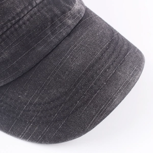 Men's vintage washed grey cotton flat top army cap with distressed denim texture