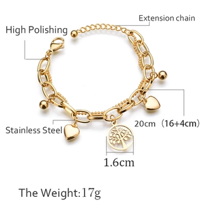 Bracelet double couche en acier inoxydable doré avec pendentifs Arbre de Vie et cœur