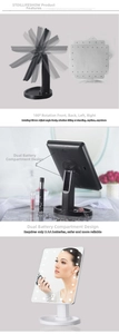 Detail view of 180 degree rotating LED makeup mirror with storage base and dual battery design