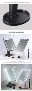 Detail of LED makeup mirror featuring 360 rotation and integrated base storage tray