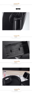 Detail of adjustable black LED makeup mirror with AA battery power compartment and stand