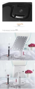 Detail of LED makeup mirror with 22 lights, touch sensor, and base storage tray