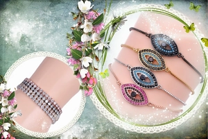 Detail of adjustable evil eye bracelets with colorful zircon stones in four metal finishes
